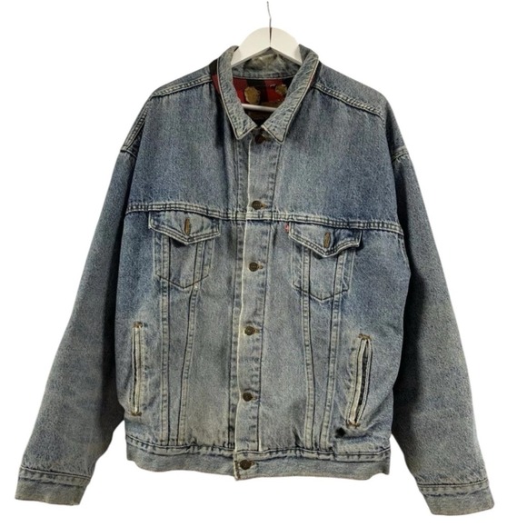 Vintage Levi's Blue Denim Jacket Flannel Plaid Lined Trucker Made In USA 90s XL - Picture 1 of 10